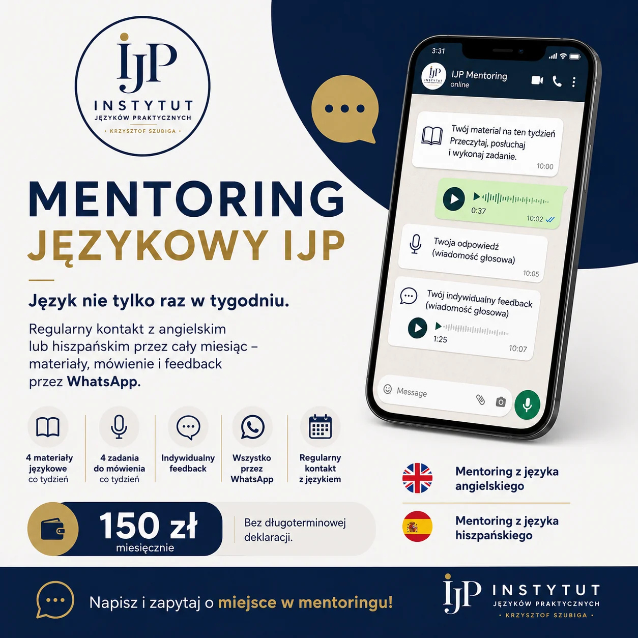 Mentoring językowy IJP — materiały, wiadomości głosowe i feedback przez WhatsApp